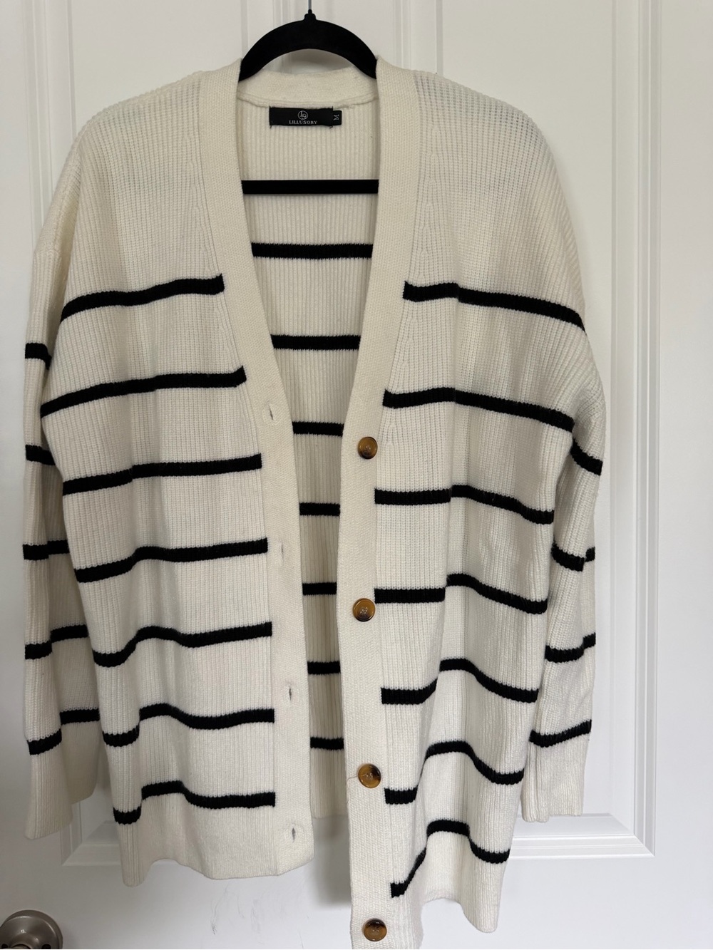 Oversized Striped Cardigan Sweater - Cream/Black